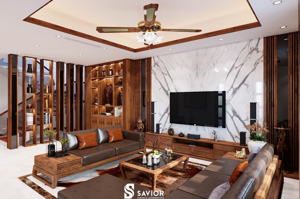 Nội thất phòng khách nhà ống sang trọng, ấm cúng với chất liệu gỗ óc chó