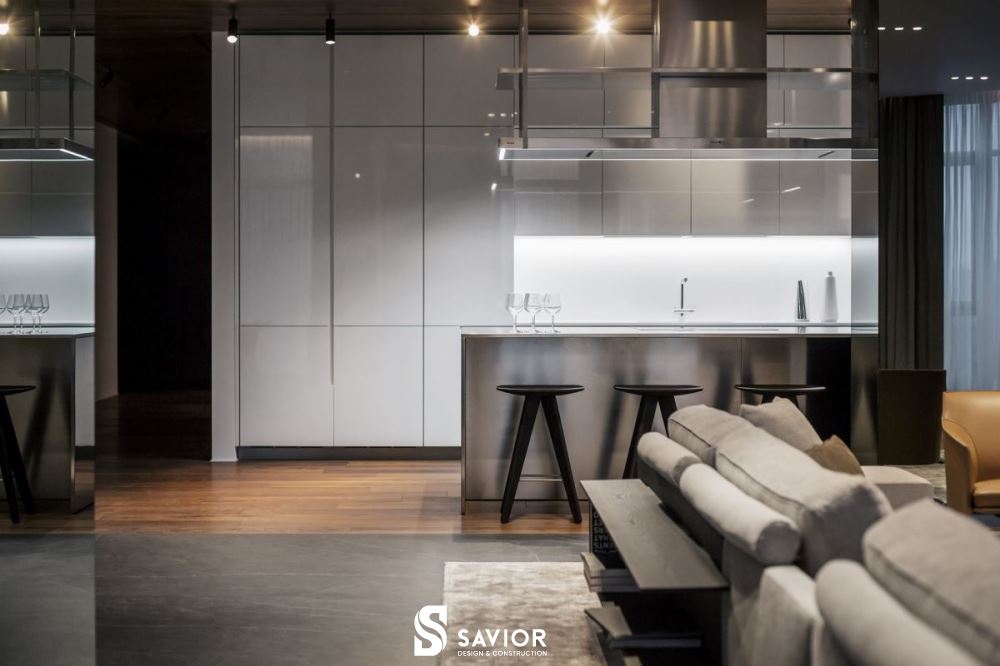 Nội thất nhà bếp sử dụng chất liệu gỗ công nghiệp acrylic bóng gương