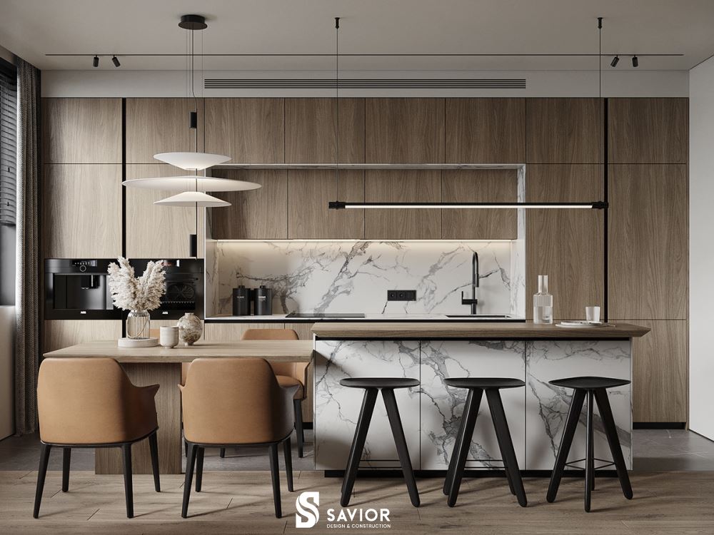 Phòng bếp với tông màu nhã nhặn, tinh tế