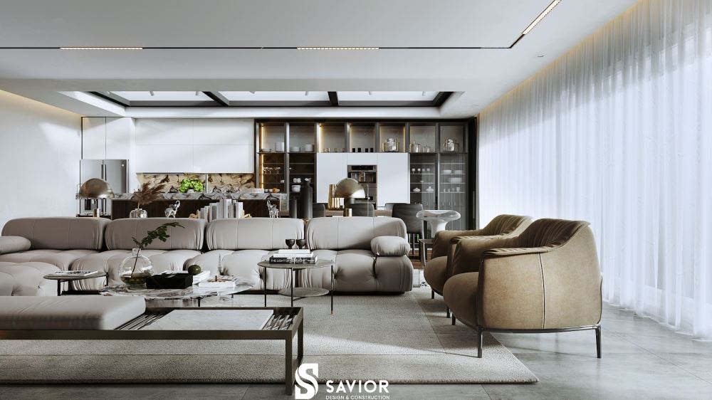 Các chất liệu như kim loại, da, nỉ, gỗ công nghiệp được kết hợp sử dụng trong nội thất căn hộ penthouse này