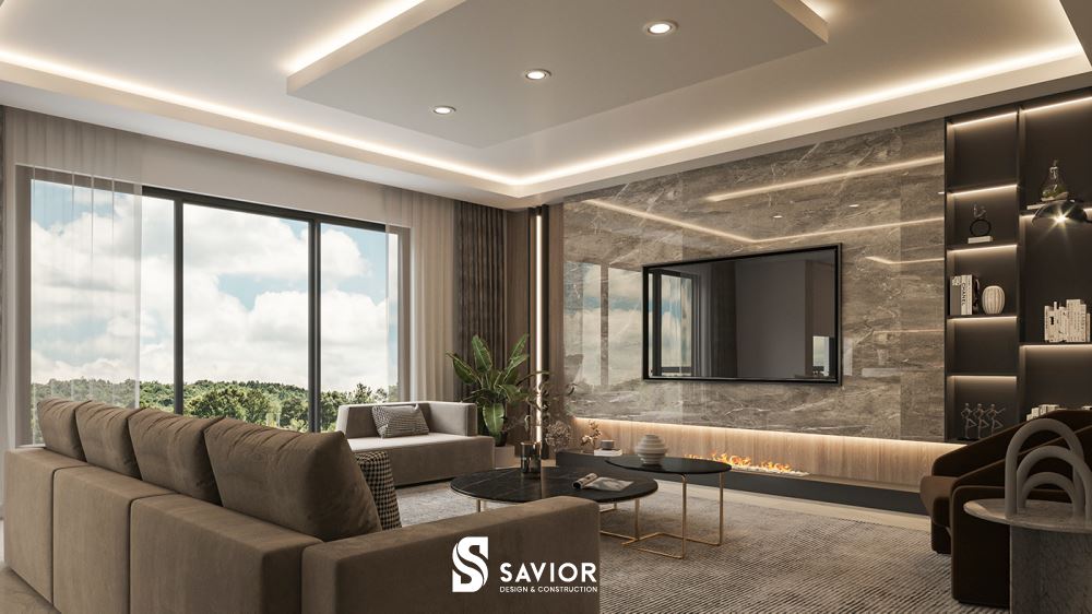 Kết hợp nhiều loại chất liệu mang lại cảm giác hài hòa trong không gian phòng khách