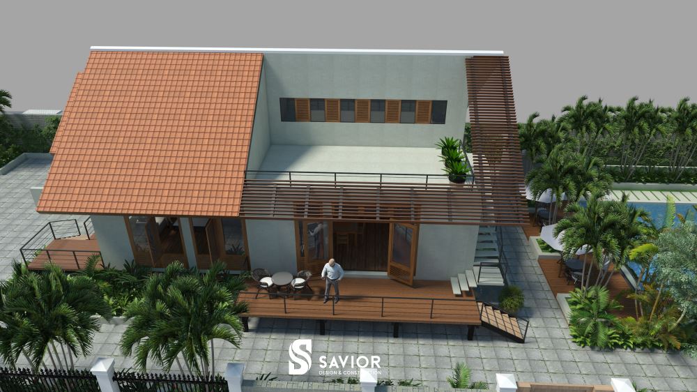 Mẫu biệt thự 1 tầng 100m2 1 tum kết hợp với hồ bơi, sân vườn thư giãn