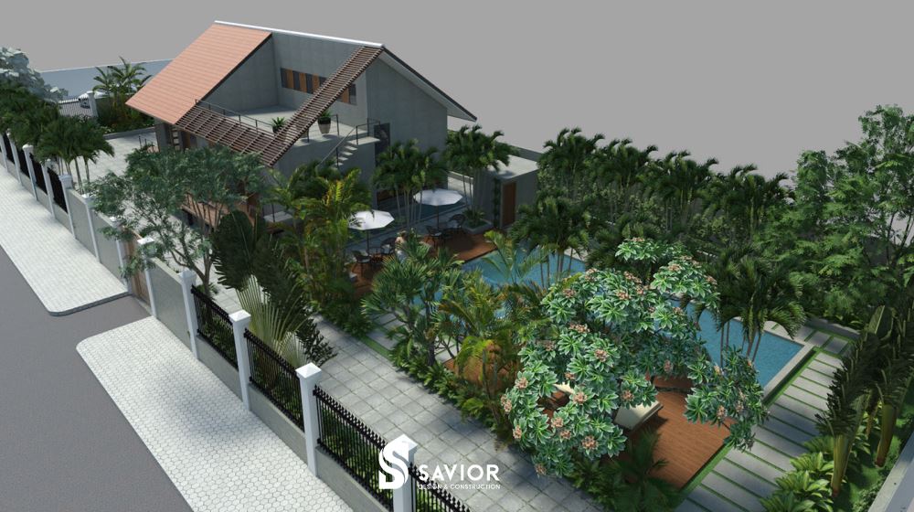 Khu vực hồ bơi rợp bóng cây xanh, mang đến không gian nghỉ ngơi đầy thư thái