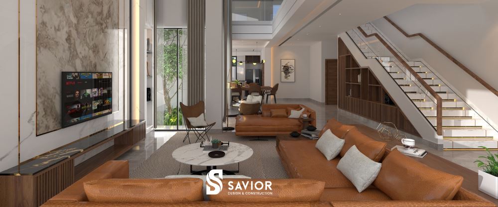 Top 5 mẫu thiết kế biệt thự 500m2 siêu sang, thời thượng đặc biệt 9 Không gian phòng khách bố trí sang trọng, lịch thiệp với gam màu trắng - nâu