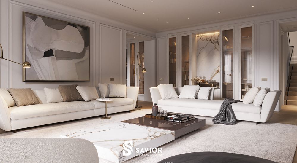 Thiết kế nội thất biệt thự tân cổ điển sang trọng và đẳng cấp 24 Không gian phòng khách lịch thiệp với tông màu kem làm chủ đạo