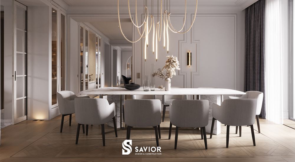 Thiết kế nội thất biệt thự tân cổ điển sang trọng và đẳng cấp 25 Không gian phòng ăn được thiết kế tỉ mỉ, ấn tượng với hệ đèn chùm cầu kỳ