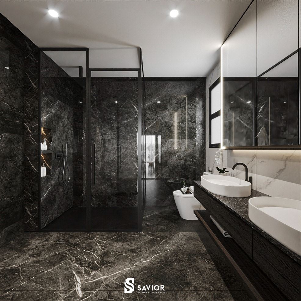 Nhà tắm với gam màu đen trắng hiện đại, sạch gọn