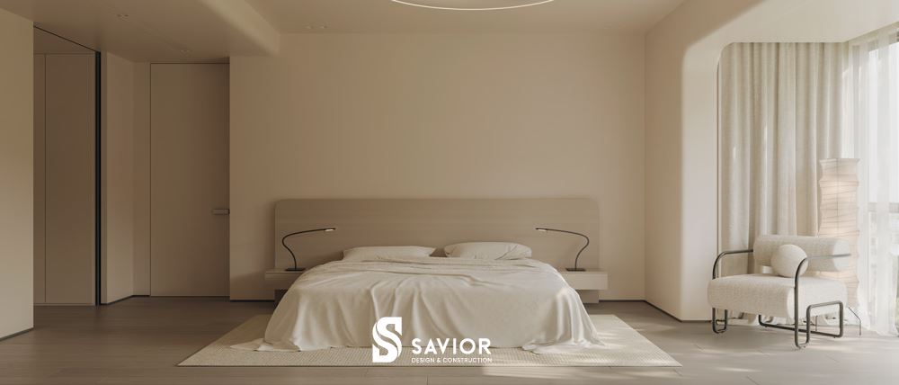 Phòng ngủ Master với tông màu trắng làm chủ đạo