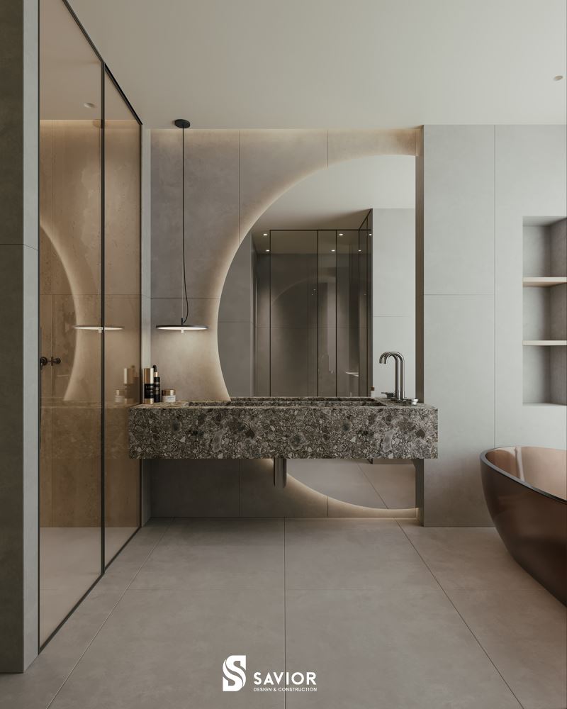 Nhà tắm độc đáo với hệ gương bán nguyệt 