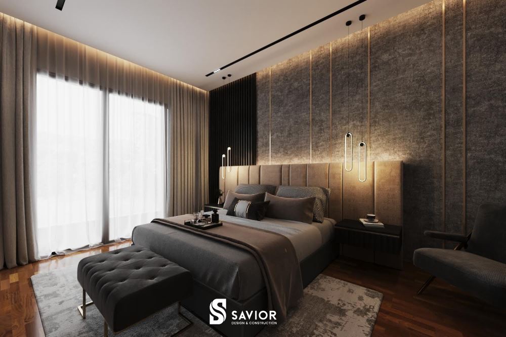 Phòng ngủ Master với tông màu đen xám làm chủ đạo