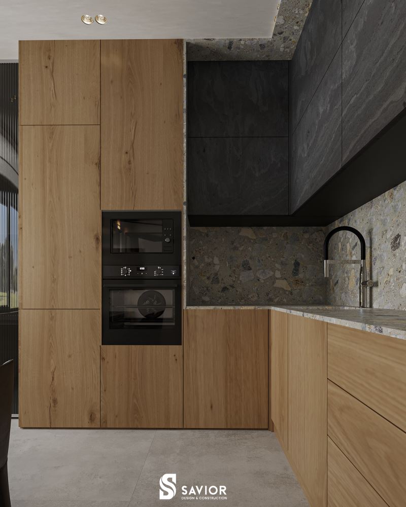 Nhà bếp của căn nhà phố với chất liệu gỗ công nghiệp