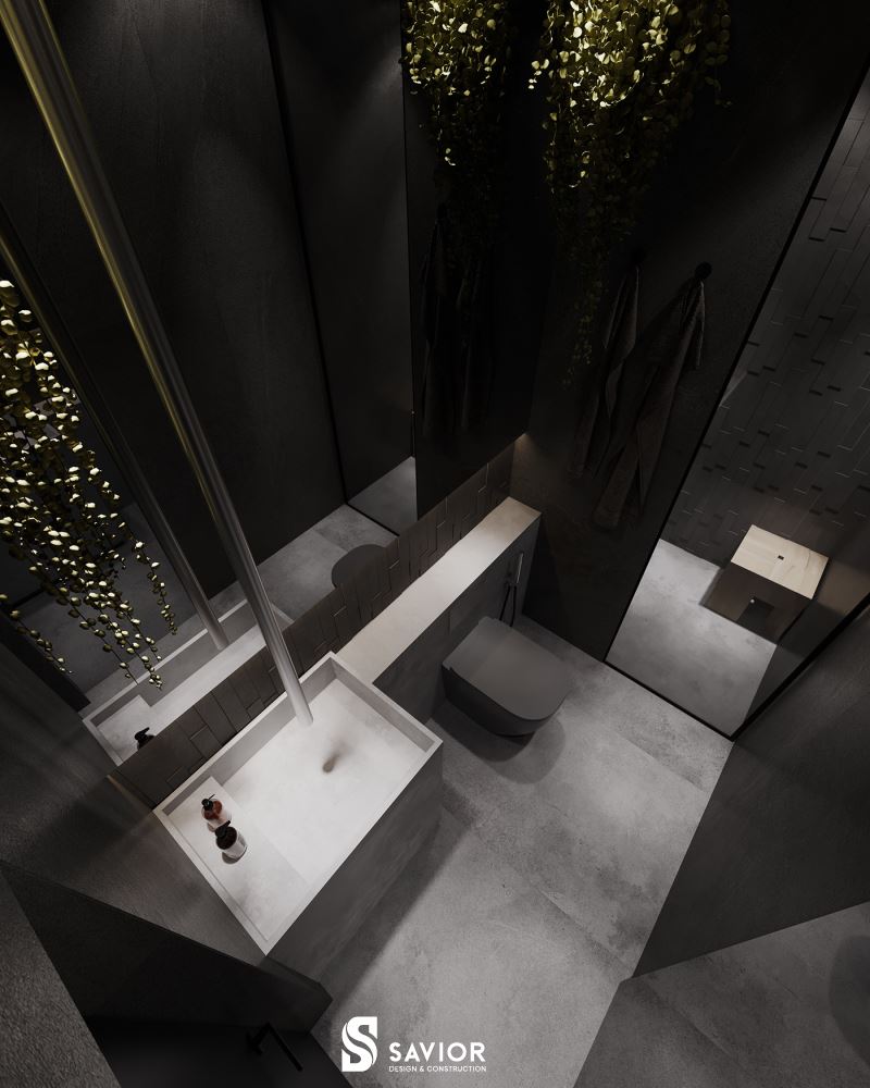 Nhà vệ sinh với tông màu đen ấn tượng