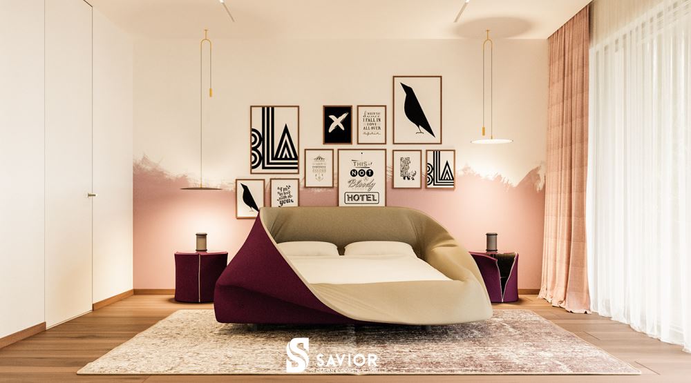 Phòng ngủ phụ của mẫu nhà với tông màu hồng ngọt ngào