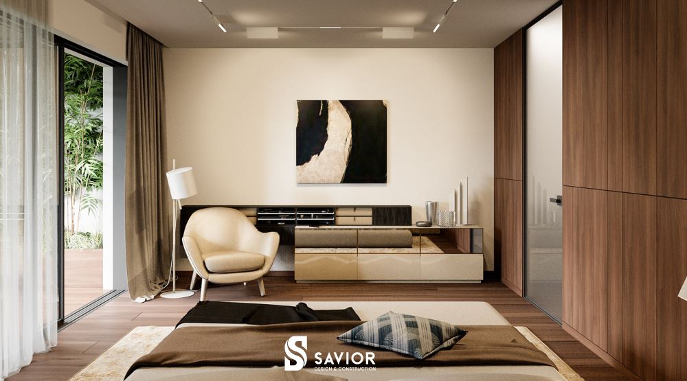 Phòng ngủ với nội thất được bài trí nhẹ nhàng, thông thoáng