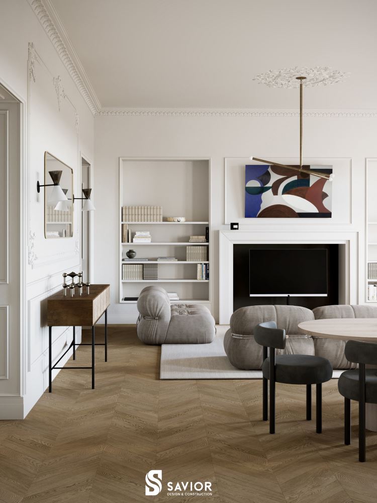 Phòng khách nhà phố thiết kế theo phong cách tân cổ điển