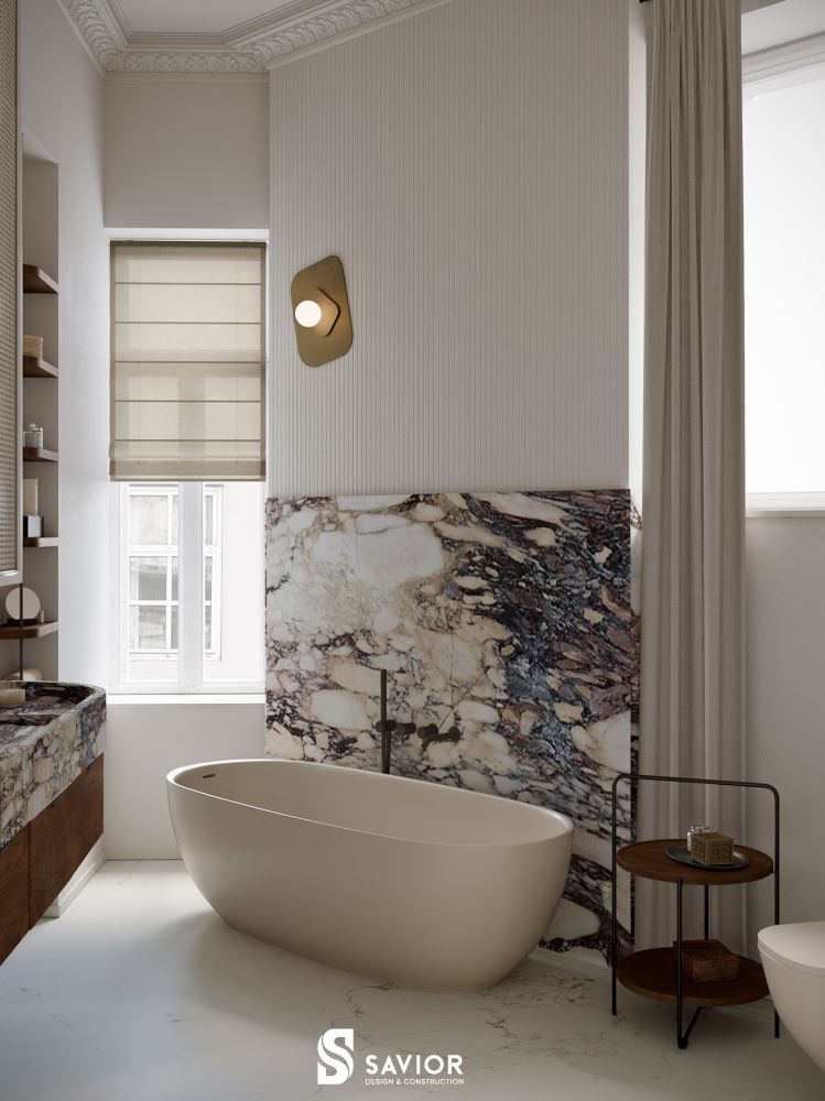 Bồn tắm nằm trong không gian thư giãn nhẹ nhàng