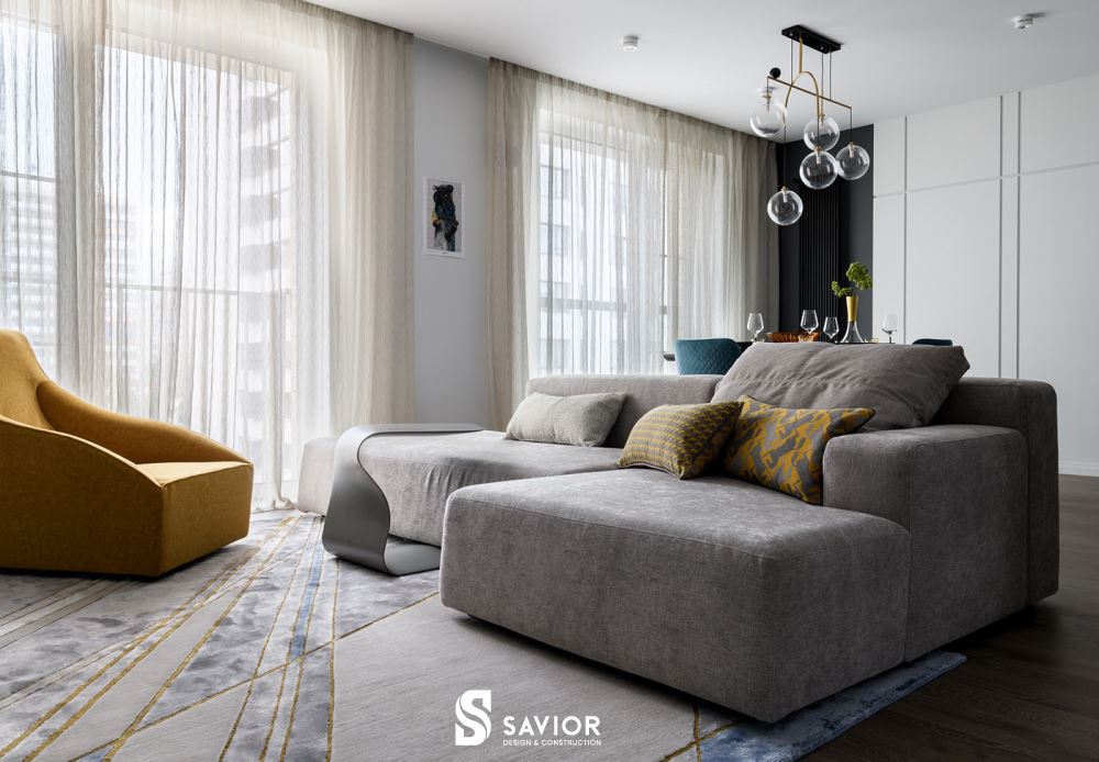 Phòng khách với tông màu chủ đạo là trắng - xám