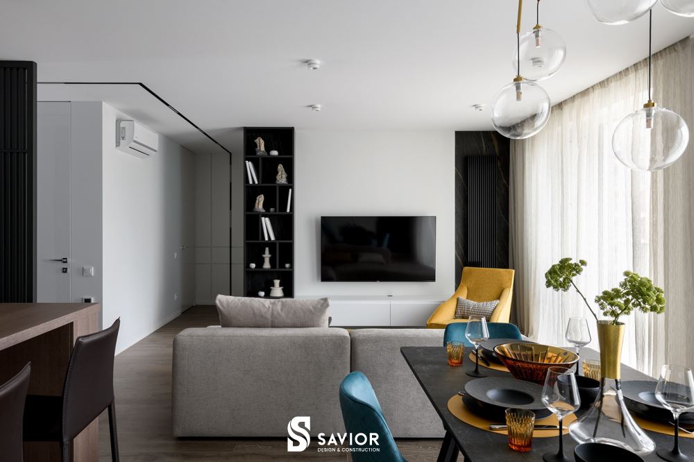 Bàn ăn và phòng khách được đặt bên cạnh nhau