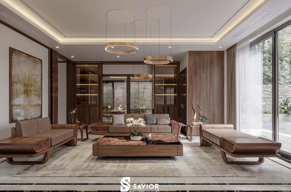 4 mẫu biệt thự gỗ óc chó SANG TRỌNG xứng đáng tham khảo nhất 25 Không gian phòng khách thông thoáng, rộng rãi