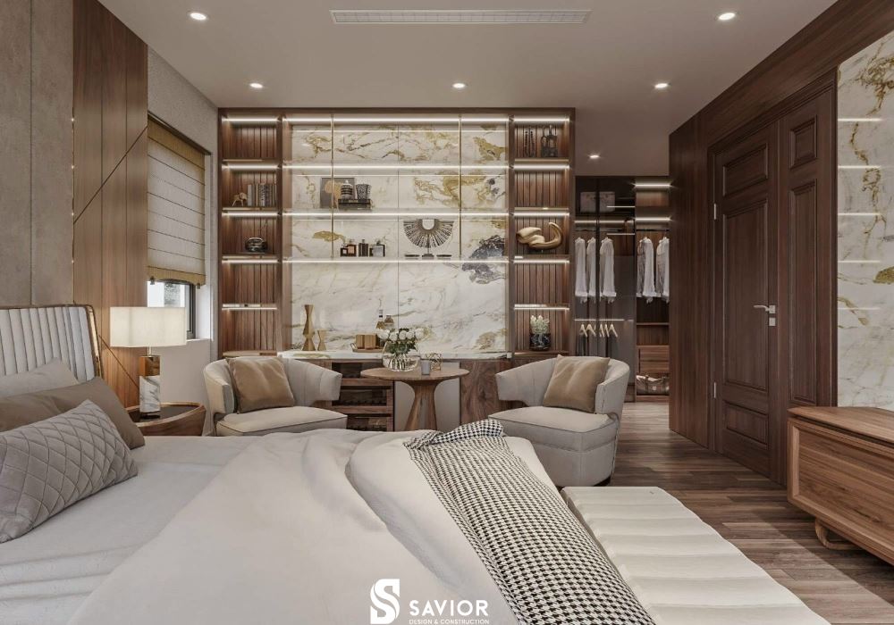 4 mẫu biệt thự gỗ óc chó SANG TRỌNG xứng đáng tham khảo nhất 26 Không gian phòng ngủ thông thoáng, tinh tế