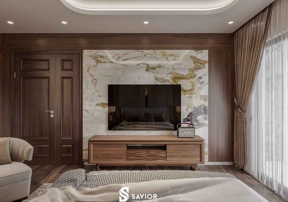 4 mẫu biệt thự gỗ óc chó SANG TRỌNG xứng đáng tham khảo nhất 27 Đá cẩm thạch ốp sau vách sofa cuốn hút vô cùng