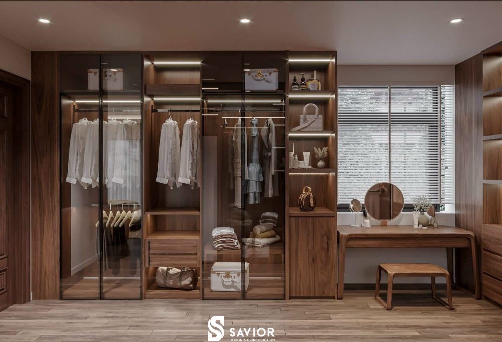 4 mẫu biệt thự gỗ óc chó SANG TRỌNG xứng đáng tham khảo nhất 30 Không gian phòng thay đồ chất liệu gỗ óc chó sang trọng