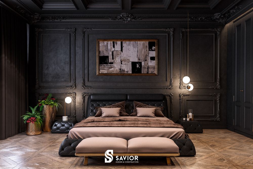 Phòng ngủ cũng được sử dụng tông màu trầm ấm, thư thái