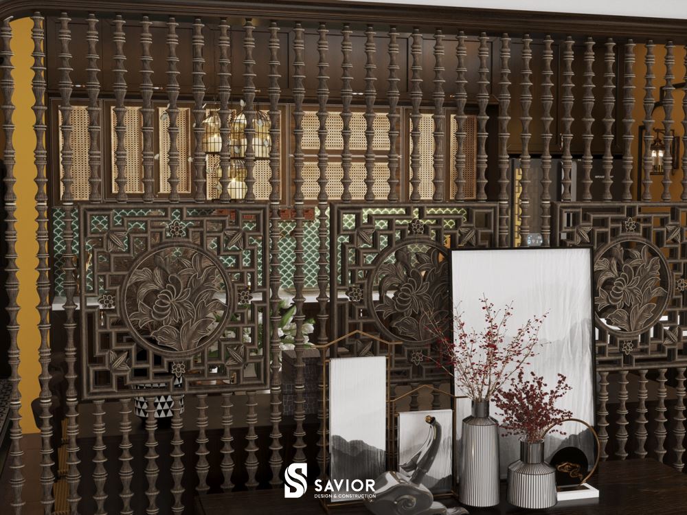 Top 5 mẫu nội thất phong cách Indochine đậm chất truyền thống 31 Vách gỗ được điêu khắc thành những hoa văn truyền thống