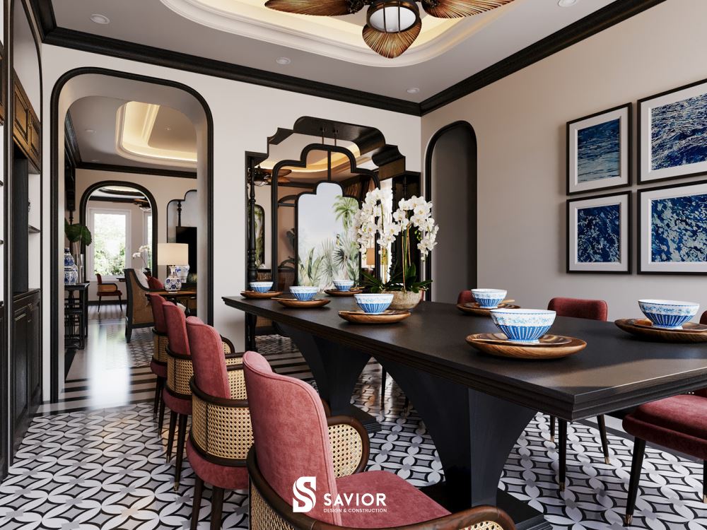 Top 5 mẫu nội thất phong cách Indochine đậm chất truyền thống 37 Phòng ăn sang trọng, ấm cúng của mẫu nhà liền kề phong cách Indochine