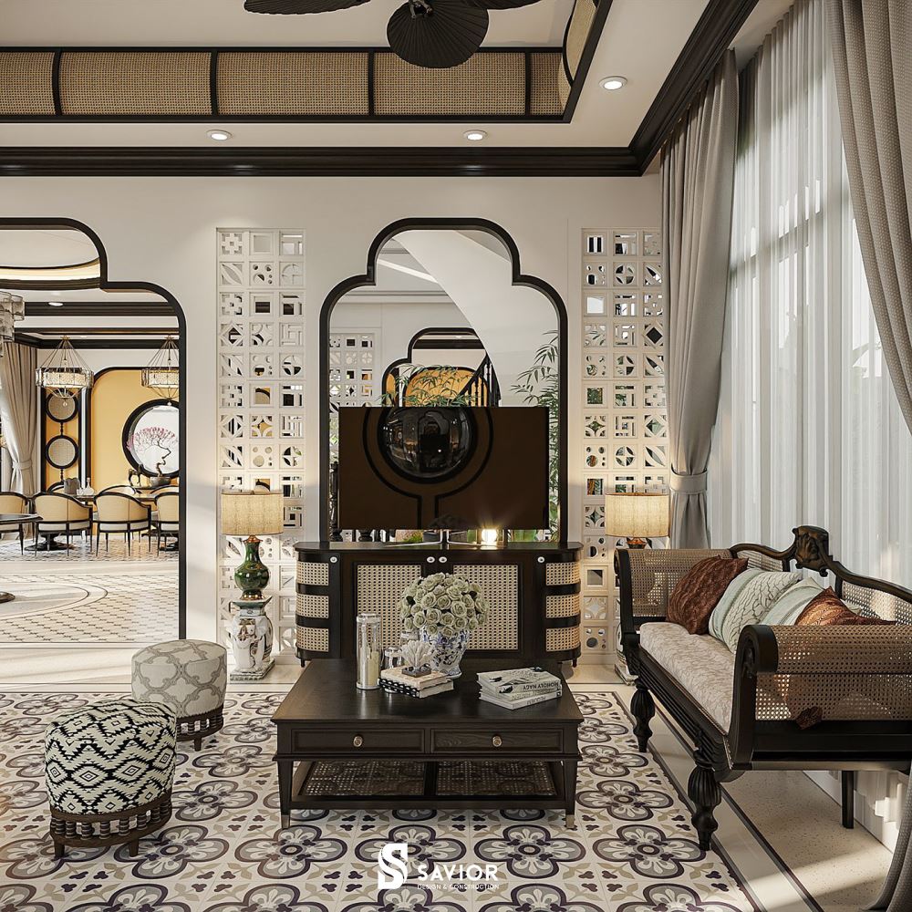 Top 5 mẫu nội thất phong cách Indochine đậm chất truyền thống 8 Khu vực phòng khách với tông màu trắng chủ đạo