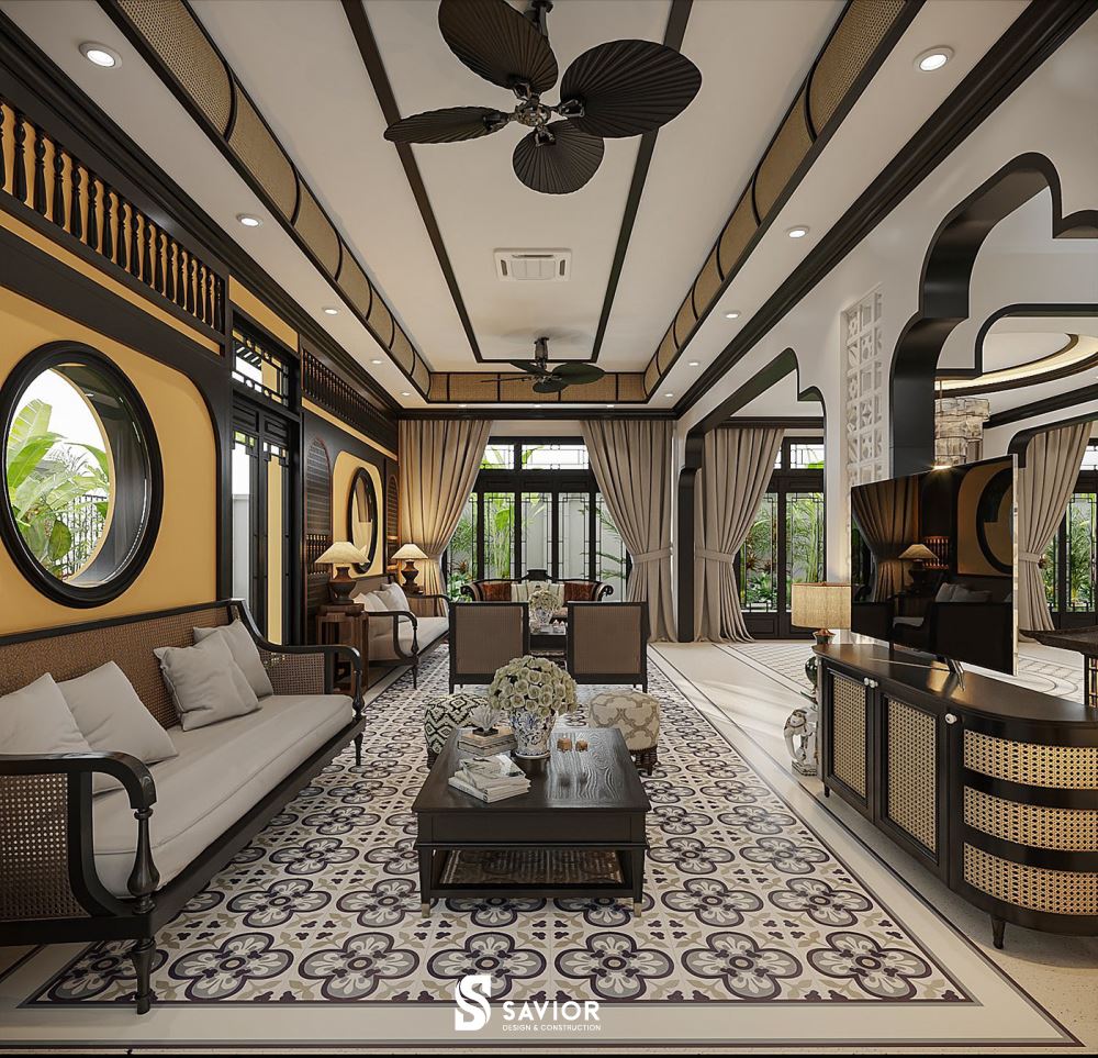 Top 5 mẫu nội thất phong cách Indochine đậm chất truyền thống 9 Không gian phòng khách rộng lớn, sang trọng mà mộc mạc