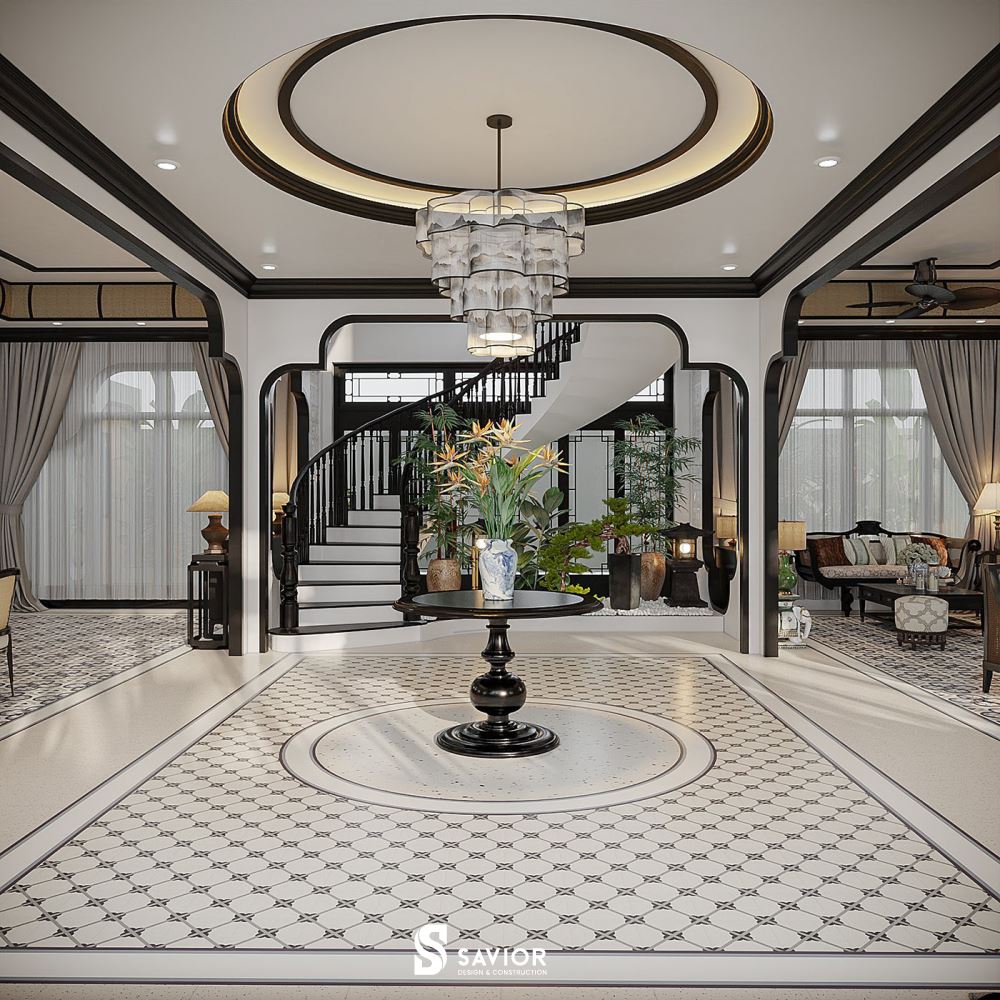 Top 5 mẫu nội thất phong cách Indochine đậm chất truyền thống 11 Sảnh biệt thự gây ấn tượng với hệ đèn chùm sang trọng