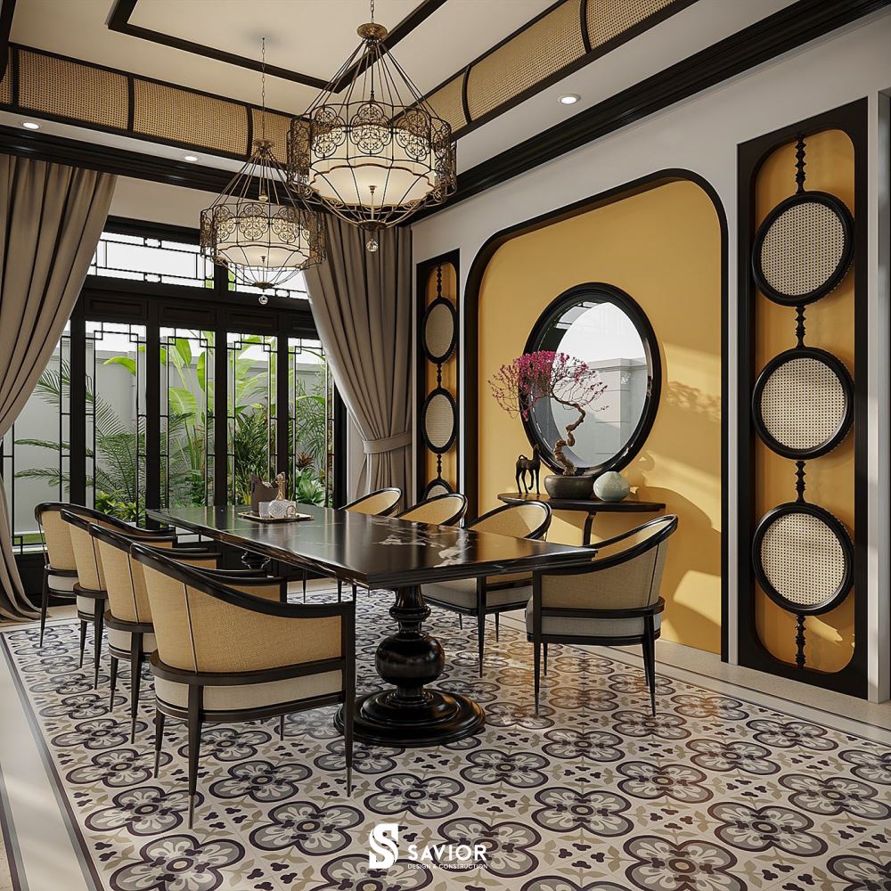 Top 5 mẫu nội thất phong cách Indochine đậm chất truyền thống 13 Phòng ăn với tông màu chủ đạo là trắng - vàng ấm cúng