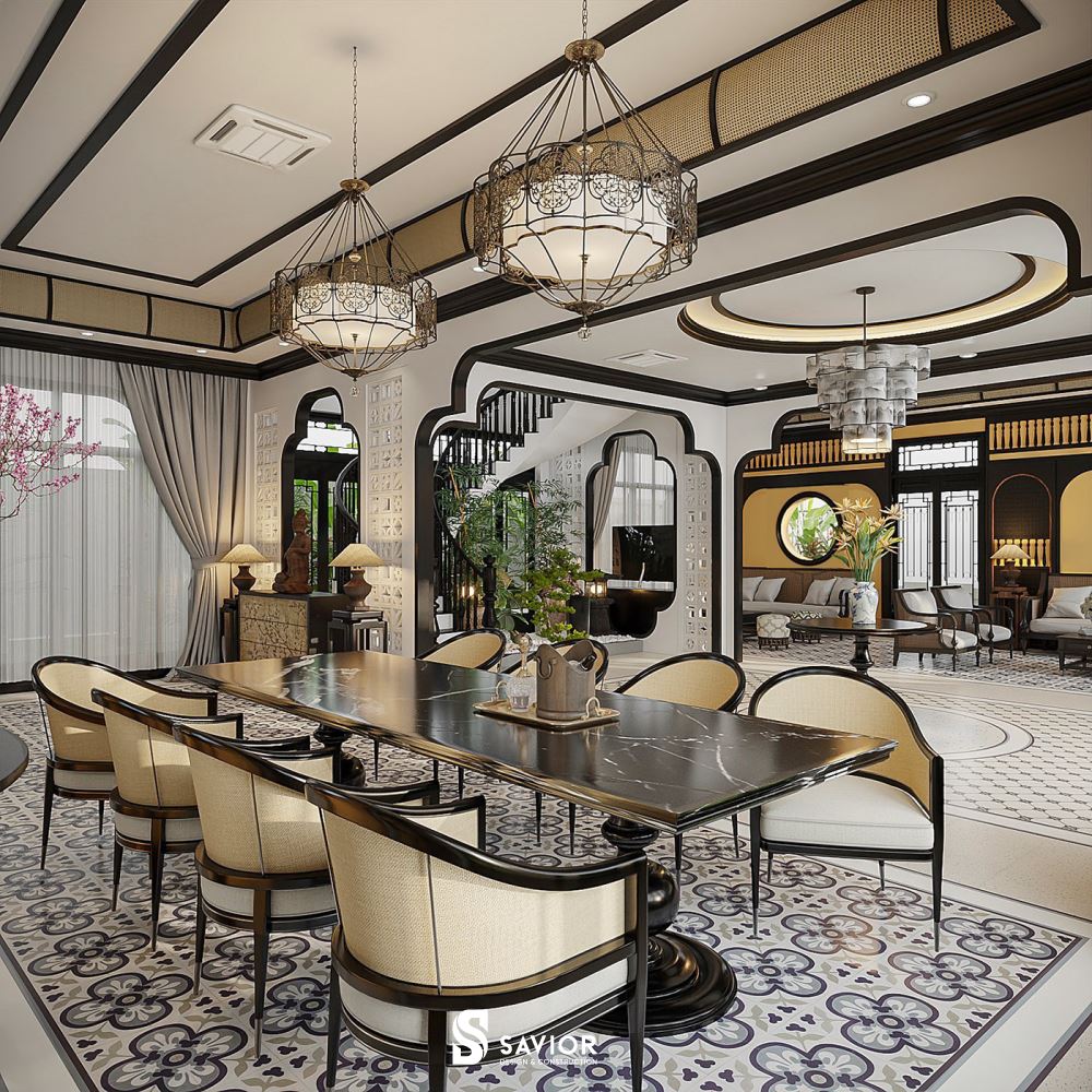 Top 5 mẫu nội thất phong cách Indochine đậm chất truyền thống 14 Phòng ăn thiết kế mở liên thông với sảnh và phòng khách