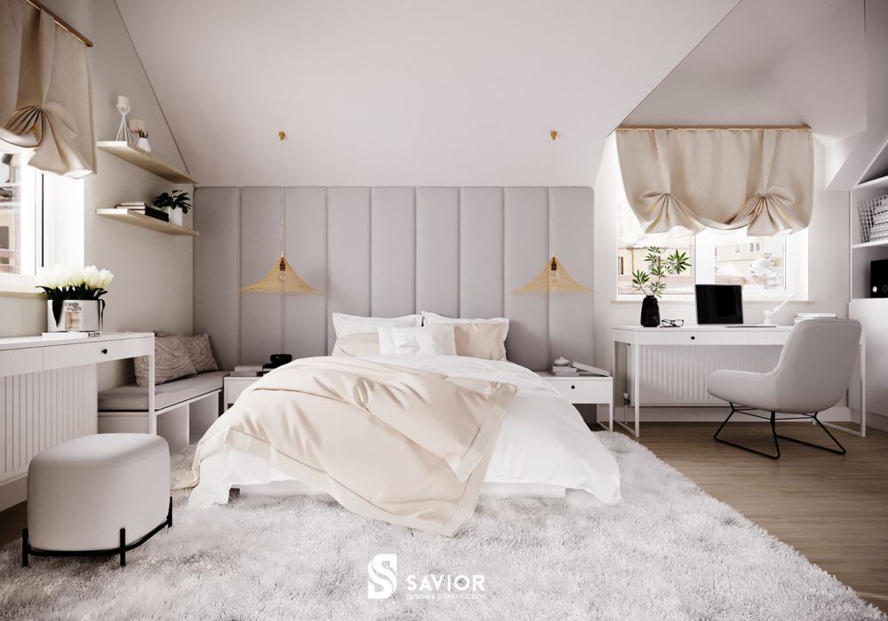 Phòng ngủ thiết kế với tông màu nhẹ nhàng, trang nhã