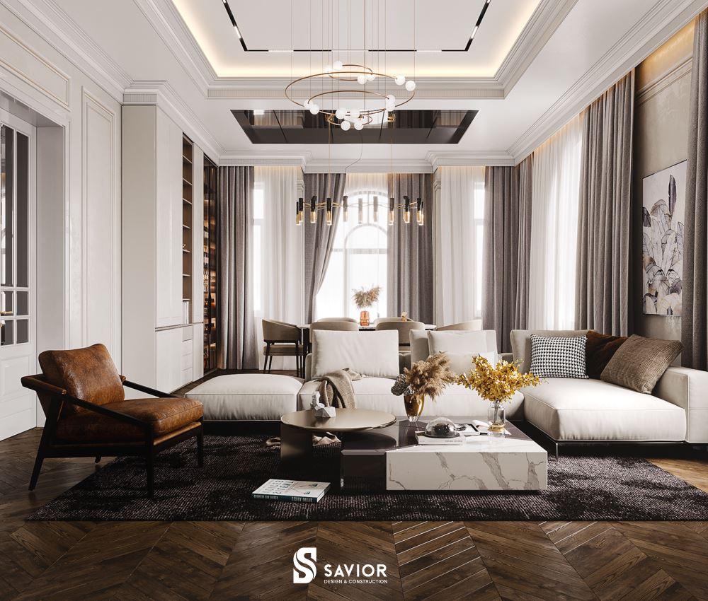 Không gian phòng khách thiết kế mở với phòng ăn tại tầng 1