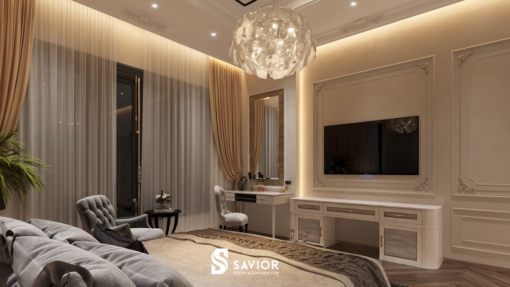 Một chiếc đèn chùm pha lê tinh tế tô điểm thêm cho không gian phòng khách