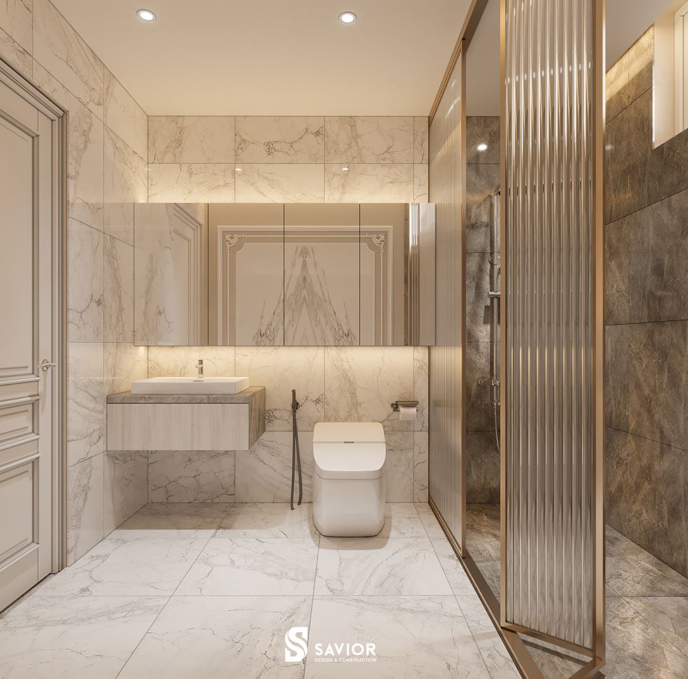 Phòng vệ sinh với tông màu trắng kem tươi sáng