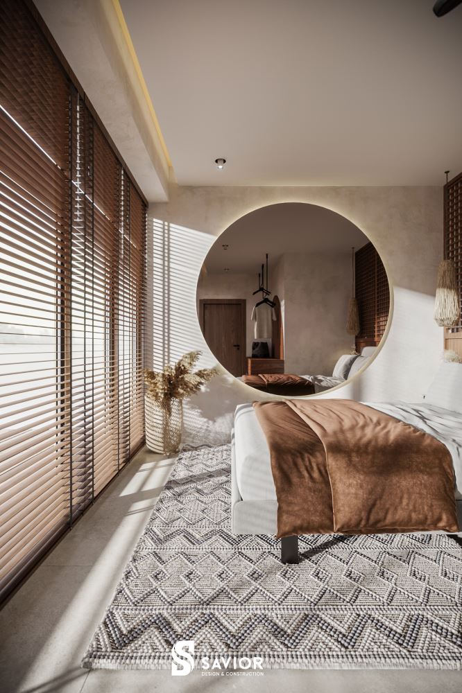 Phòng ngủ gây ấn tượng với hệ gương tròn khổ lớn