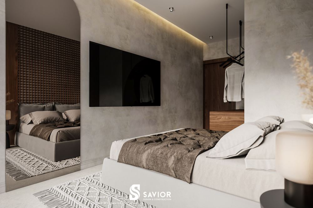 Tông màu trầm tĩnh, đơn sắc mang lại cảm giác dịu mắt cho căn phòng ngủ