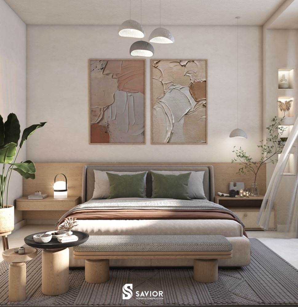 Phòng ngủ nhẹ nhàng, ấm cúng với chất liệu gỗ tự nhiên