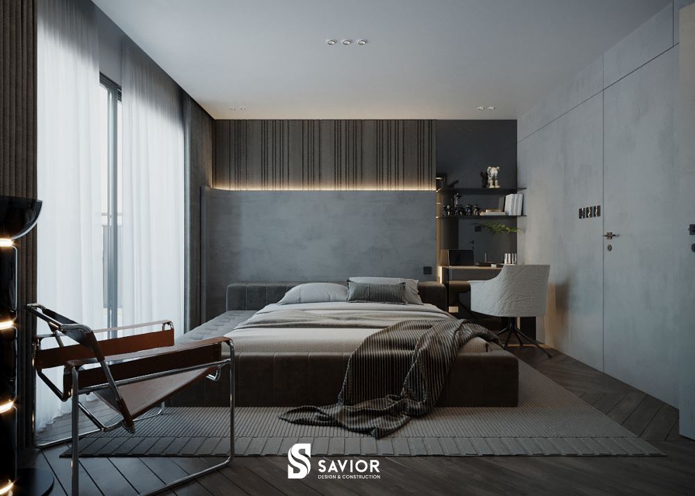 Tông màu trầm tĩnh, đơn sắc làm chủ đạo cho căn phòng ngủ