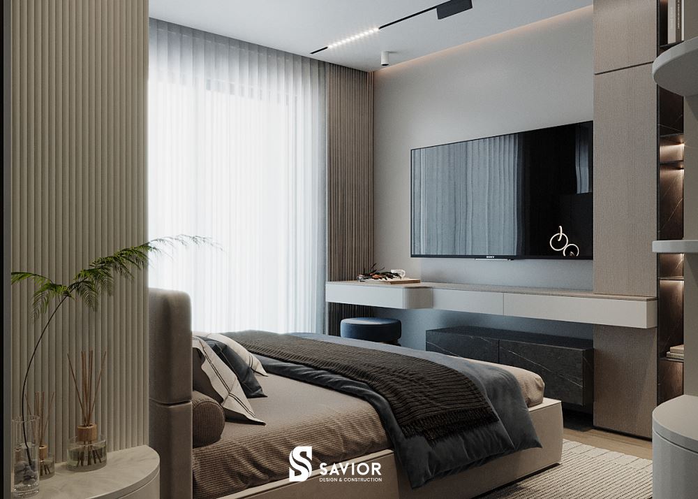 Chất liệu chính được sử dụng trong phòng ngủ là gỗ công nghiệp