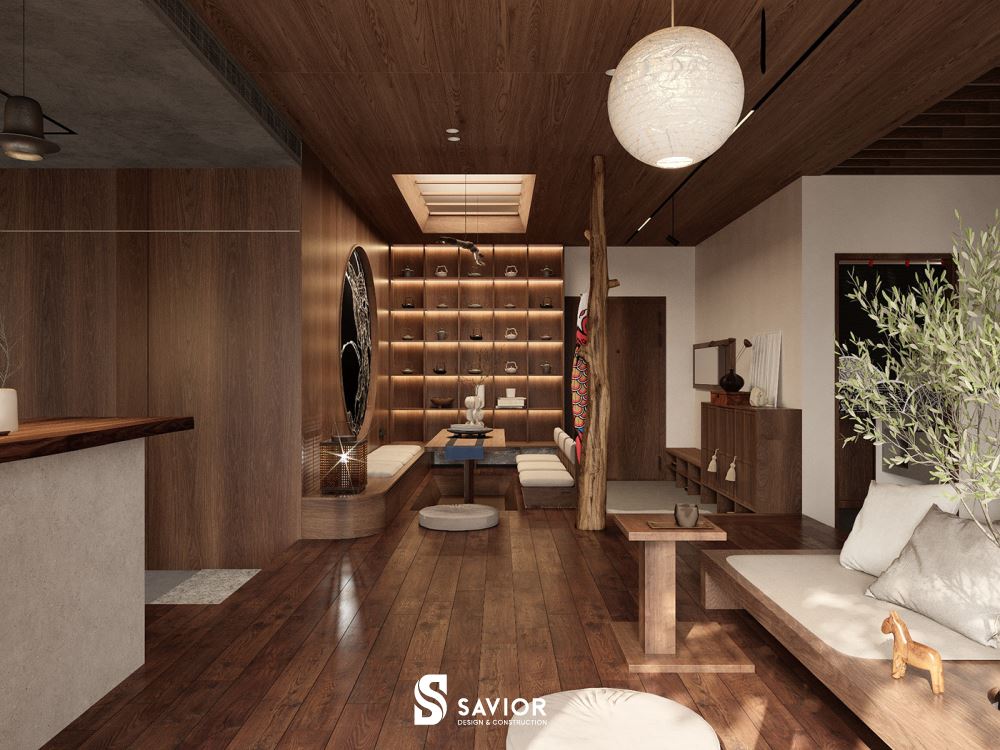 Không gian nội thất trầm ấm với chất liệu chính là gỗ tự nhiên