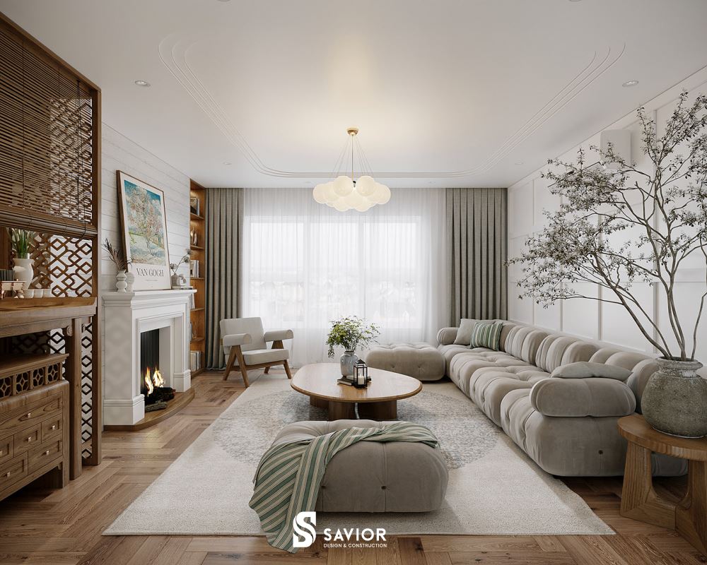 Không gian phòng khách với màu trắng, be làm chủ đạovới 