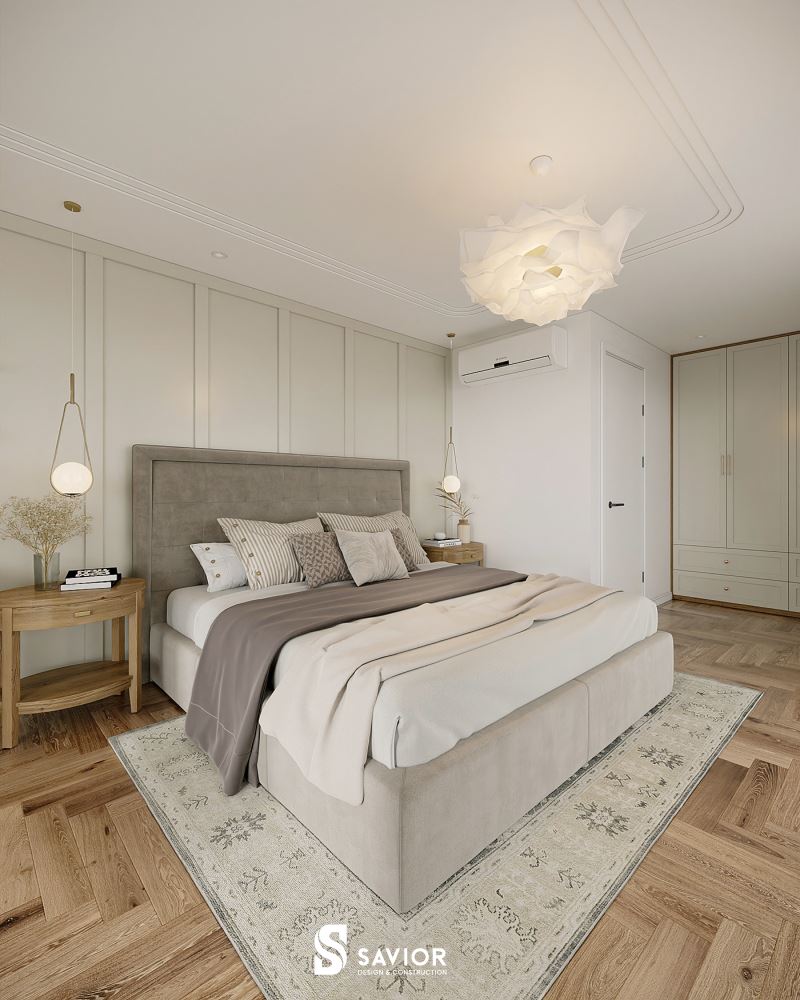 Vách ốp đầu giường sử dụng chất liệu gỗ công nghiệp MDF phủ Laminate