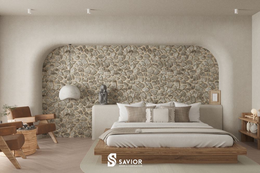 Phòng ngủ nổi bật với hệ vách ốp đầu giường ấn tượng