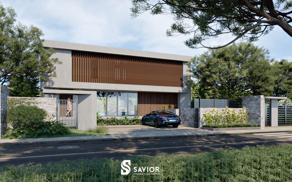 Thiết kế nhà mái bằng cùng hệ lam gỗ chắn nắng thẩm mỹ