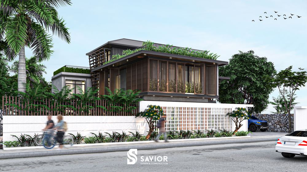 Phía trước căn nhà cũng được thiết kế kết hợp những chi tiết xanh thiên nhiên