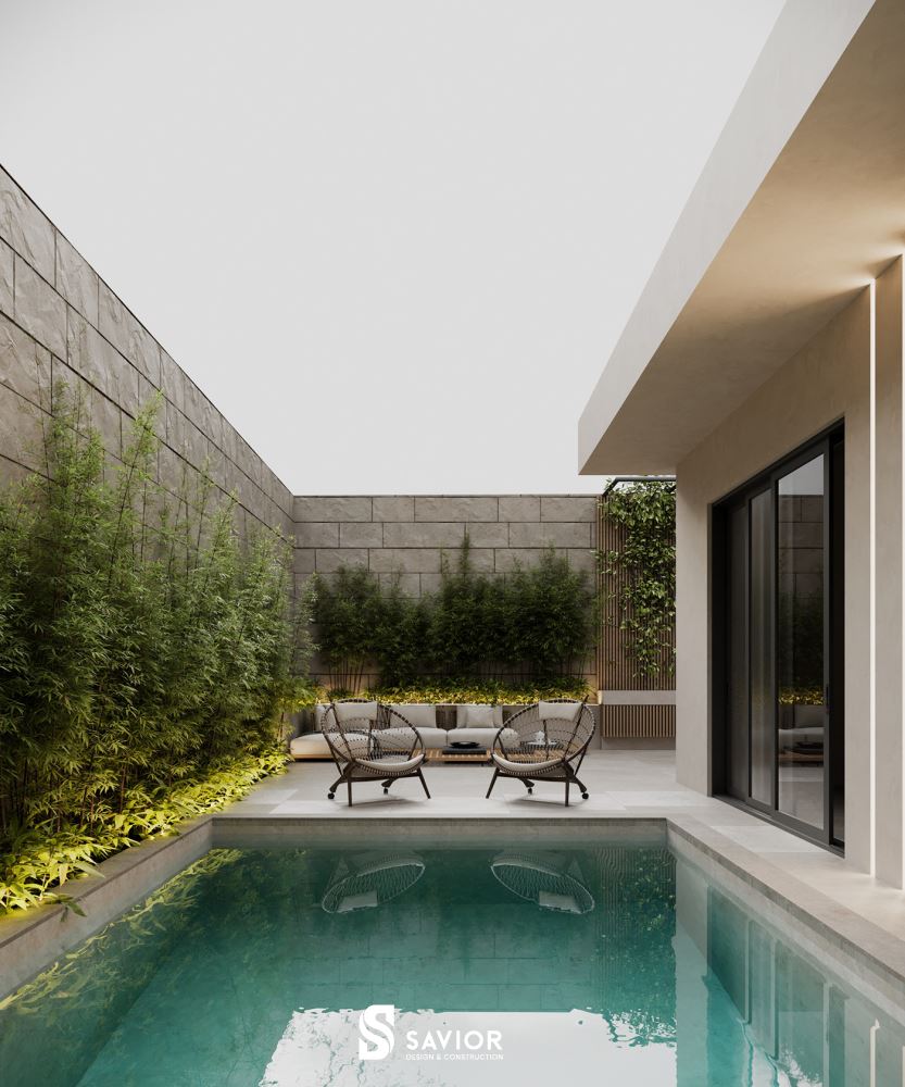 Bể bơi, sân vườn xanh mát, thư thái của biệt thự